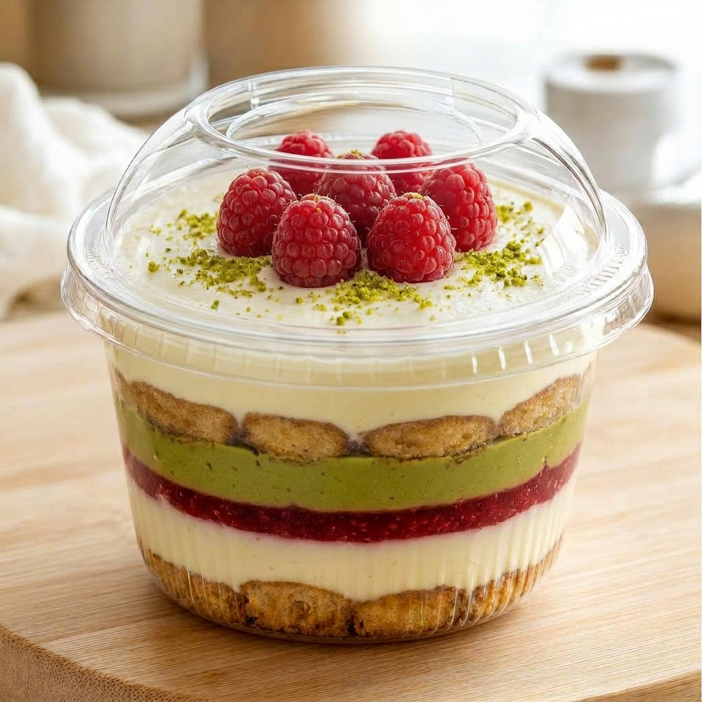 Verrine tiramisu framboise crème de pistache aux éclats — framboise fraîche et éclats croquants
