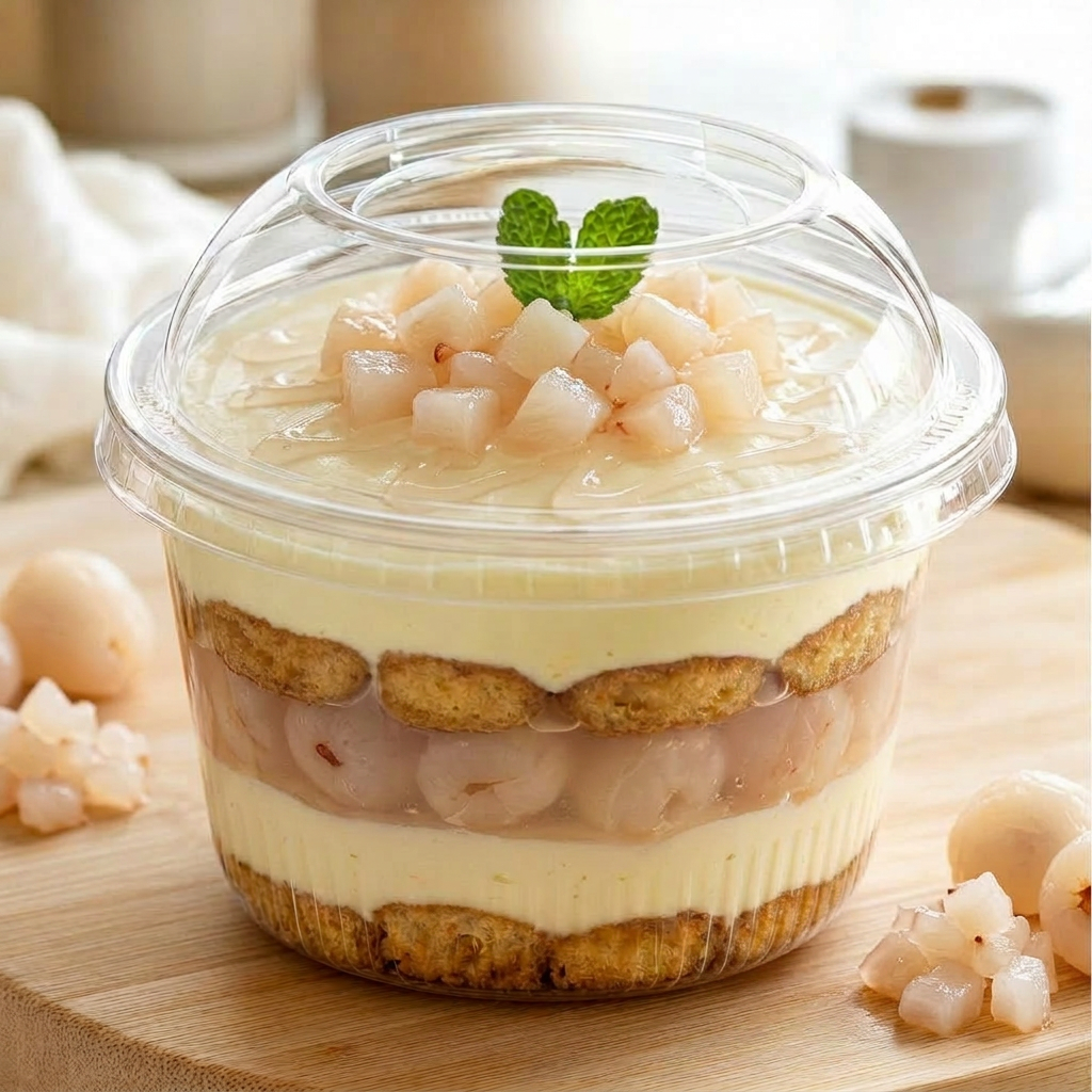 Verrine tiramisu litchi — dés de litchi frais et mascarpone vanillé