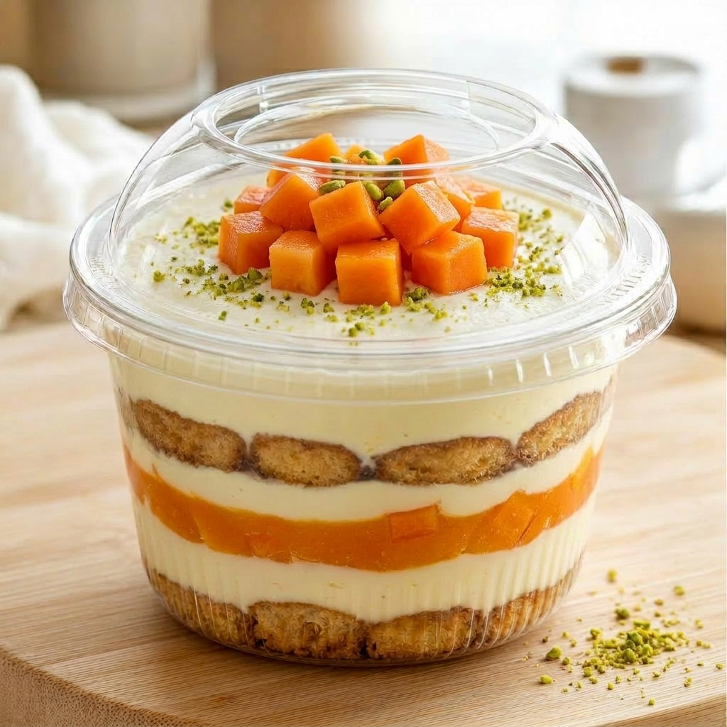 Verrine tiramisu papaye péï de La Réunion — dés de papaye fraîche et mascarpone vanillé