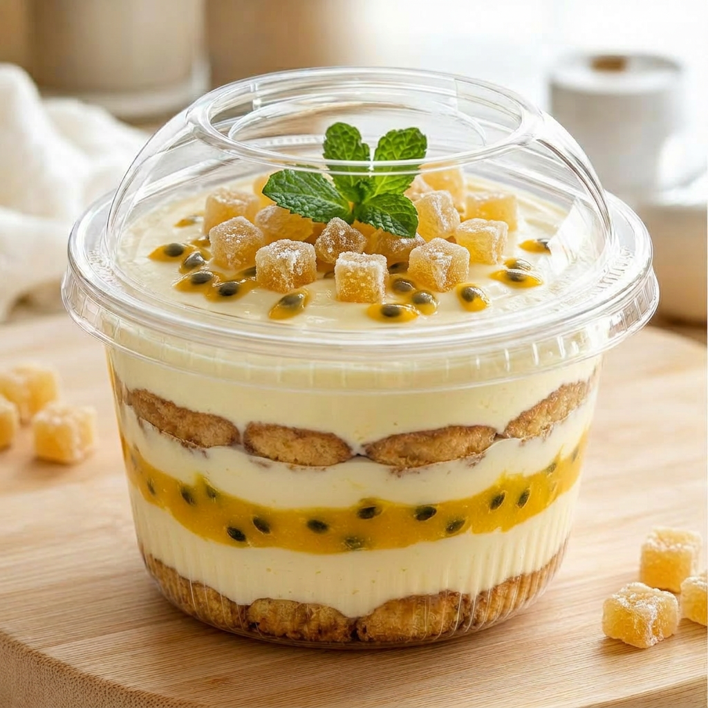 Verrine tiramisu passion gingembre — crème passion piquante et déco fraîche
