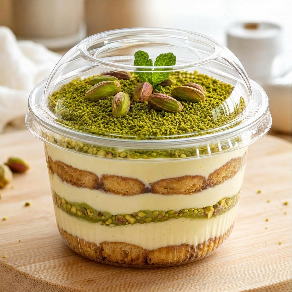 Verrine tiramisu pistache premium — crème pistache de Sicile et éclats torréfiés